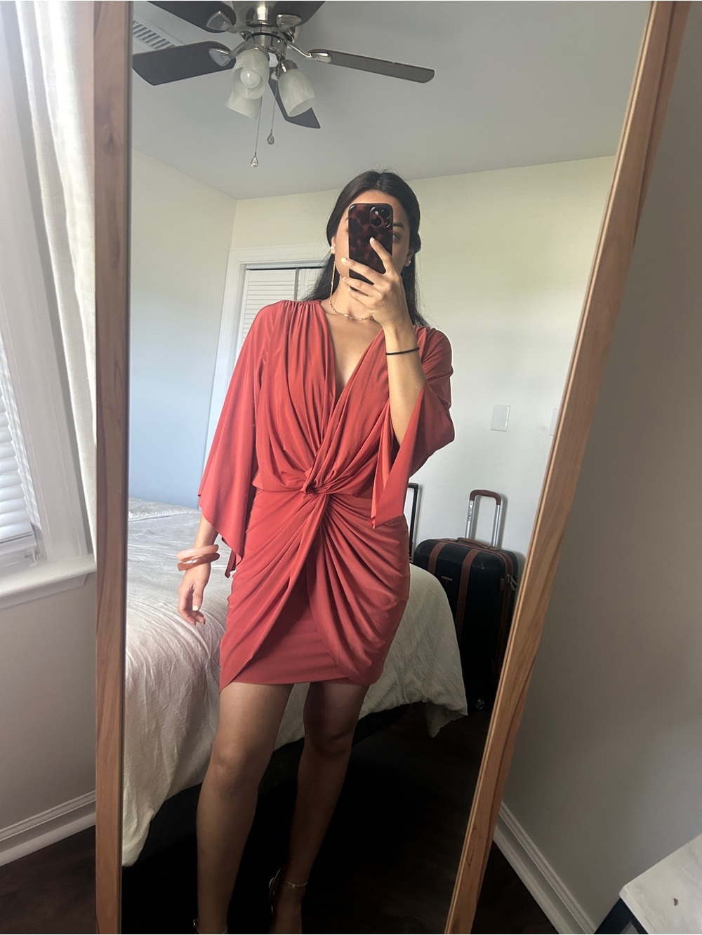 Misa Los Angeles Twist-Front V-Neck Mini Dress in Rust